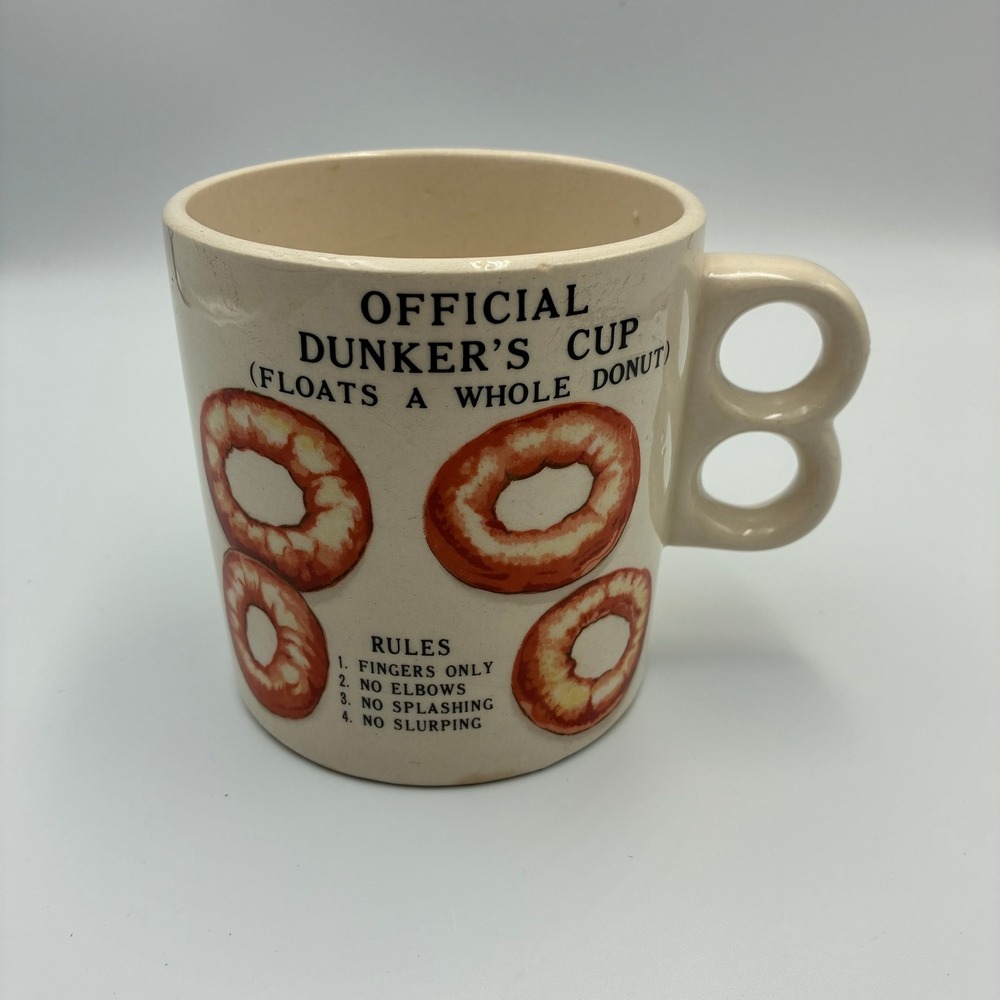 Vintage Official Dunkers Cup Donut Floating Mug Japan Double Ring Handle Cream